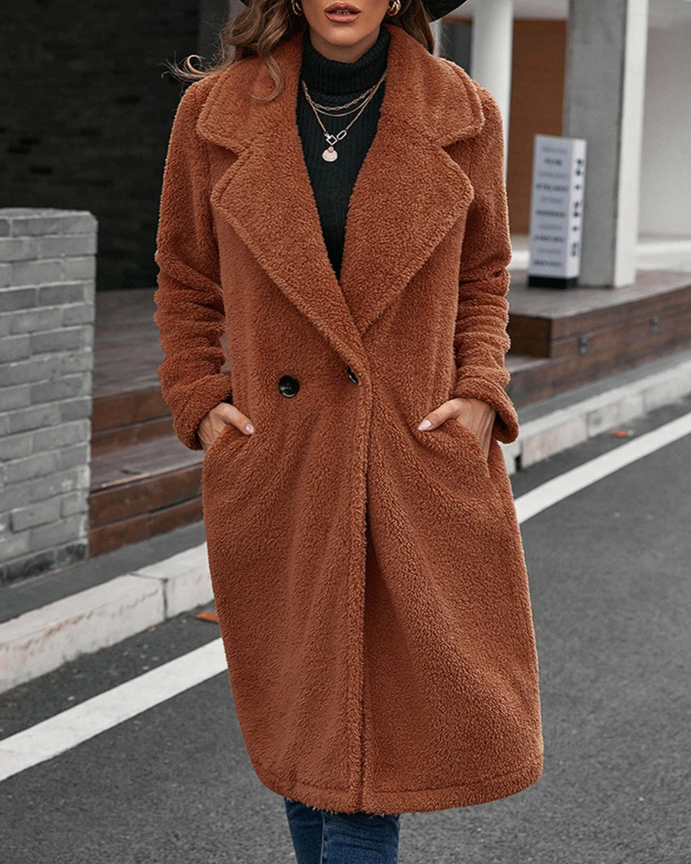 Fashion Plush Windbreaker Loose Lapel Lambswool Coat